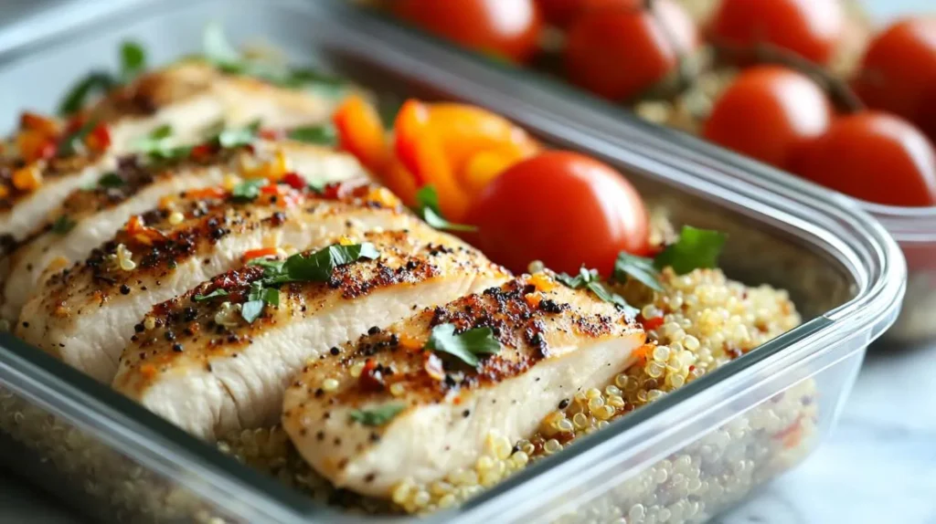 Grilled chicken with quinoa and cherry tomatoes for a high protein dinner recipe.