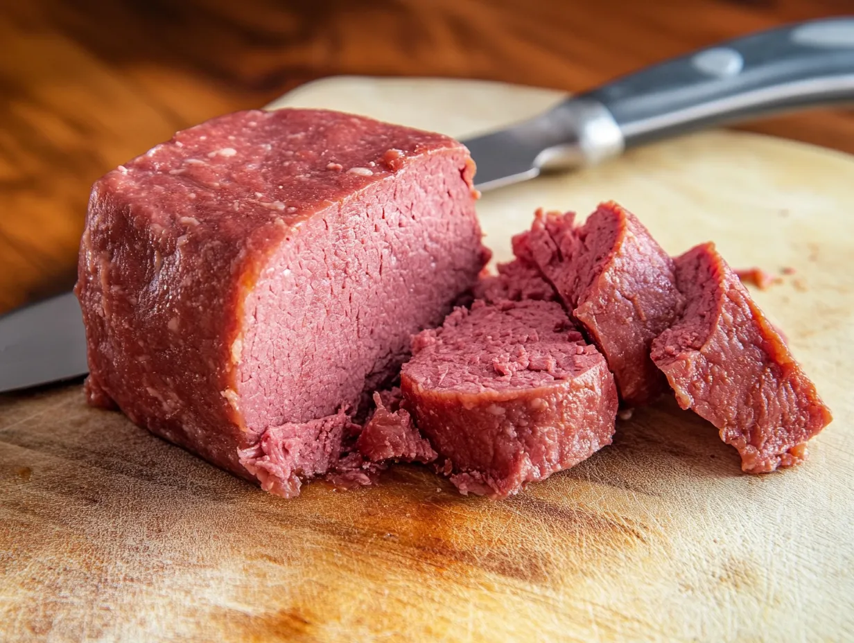 A close-up of sliced corned beef on a wooden cutting board with a knife in the background.