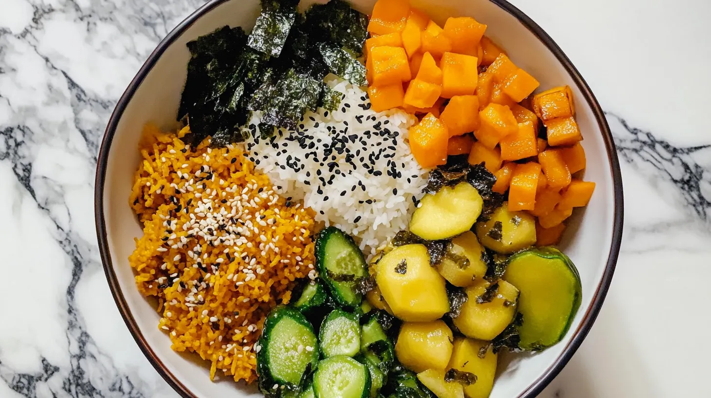 Vegan kabocha Buddha bowl with rice, seaweed, sesame, cucumbers, and roasted squash for Chinese squash recipes kabocha vegan.