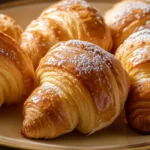 Flaky crescent pastries with powdered sugar on a ceramic plate.