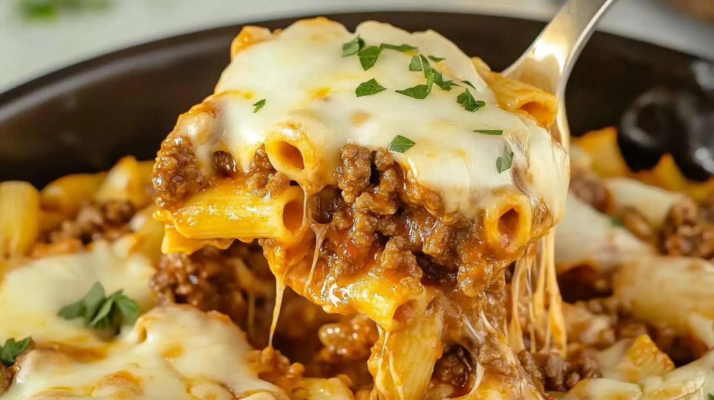 Cheesy baked Ground Beef Pasta Recipes No Tomato Sauce with mozzarella topping.