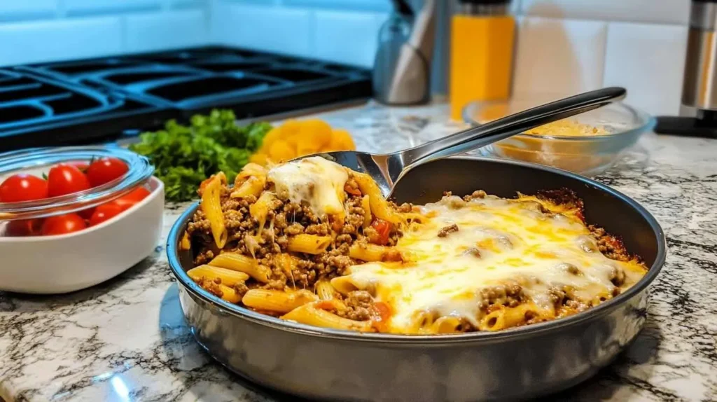 Kitchen Tools for Ground Beef Pasta Recipes Skillet-cooked Ground Beef Pasta Recipes No Tomato Sauce with melted cheese.