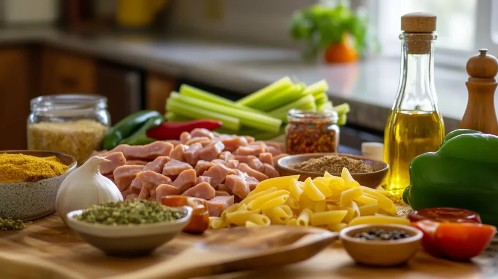 a show scene of pastalaya recipe ingredients in the kitchen.