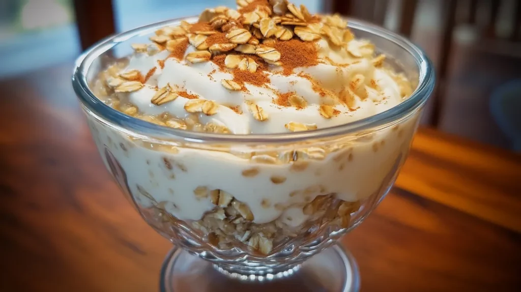 A bowl of creamy oatmeal topped with cinnamon and oats, a wholesome soft food breakfast recipe.