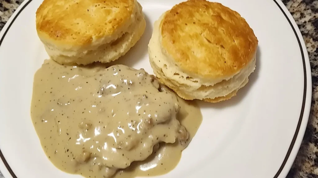 Homemade biscuits served with creamy sausage gravy, an ideal soft food recipe for a hearty breakfast.