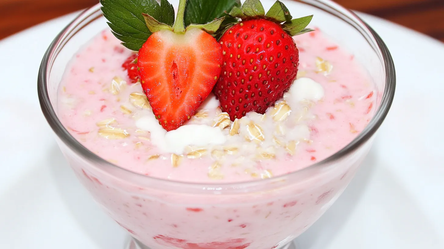 A refreshing strawberry yogurt parfait topped with fresh strawberries and oats, a perfect soft food breakfast recipe.