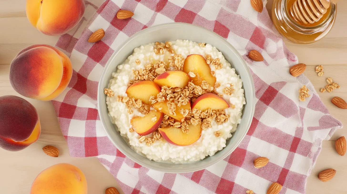 Bowl of cottage cheese topped with fresh peach slices and granola, surrounded by peaches, almonds, and a jar of honey on a checkered cloth.
