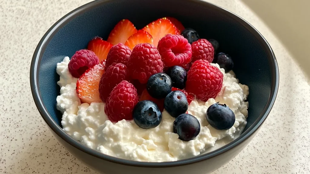 Cottage Cheese and Fruit Pairing Bowl of cottage cheese topped with mixed berries, including raspberries, strawberries, and blueberries, on a speckled countertop.