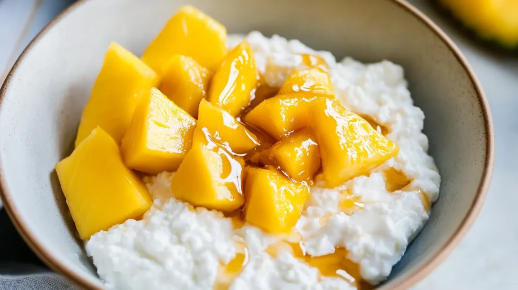 Cottage Cheese Nutrition Benefits Bowl of cottage cheese topped with mango chunks and drizzled with honey.