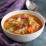 Cabbage soupr recipe for weight loss with carrots and tomatoes in white bowl