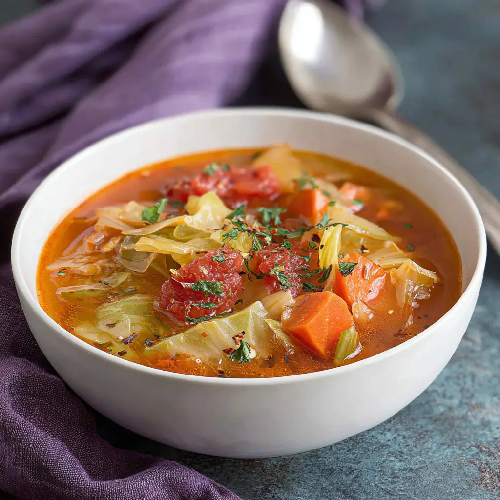 Cabbage soupr recipe for weight loss with carrots and tomatoes in white bowl