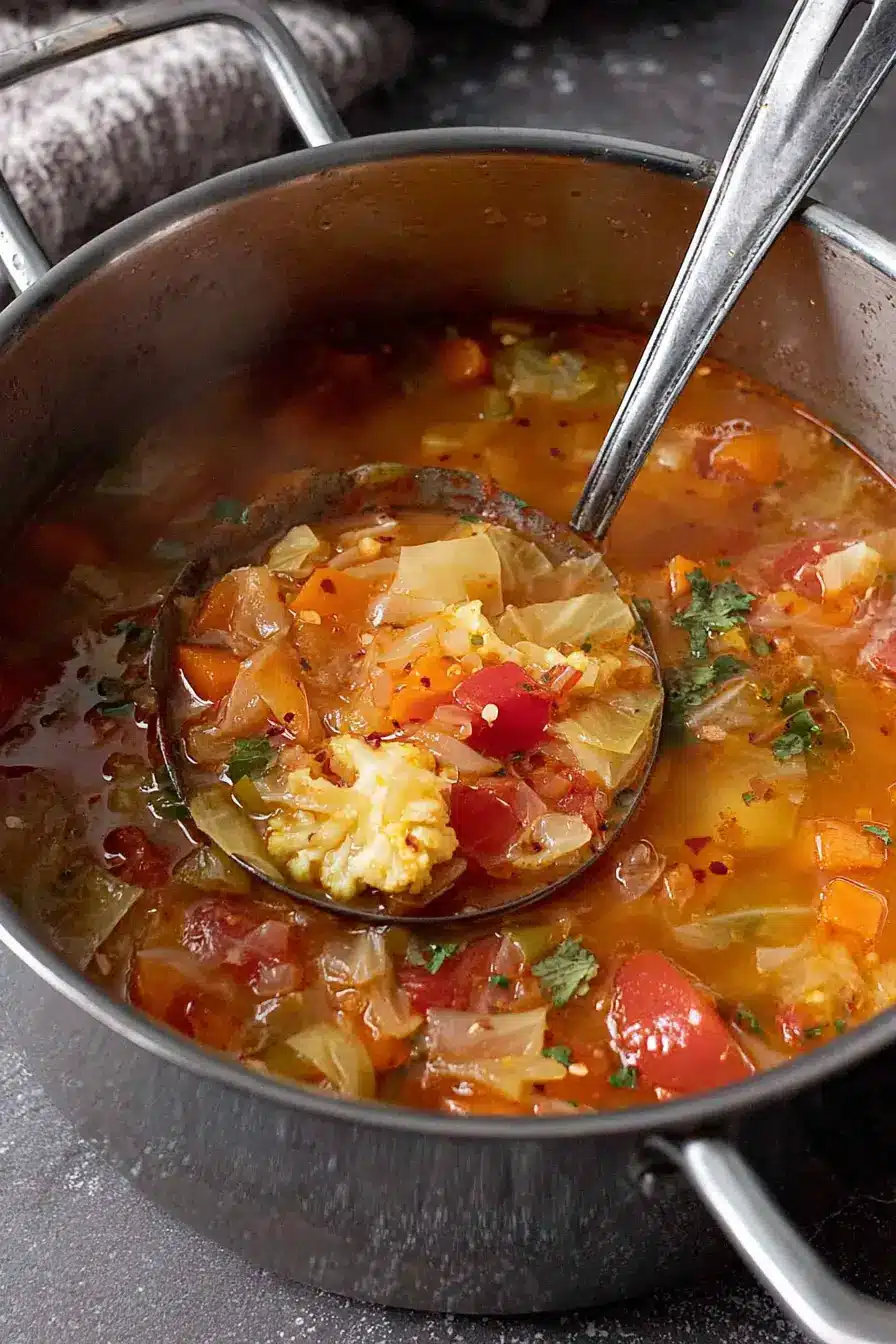 Pot of cabbage soup for weight loss with ladle serving vegetables