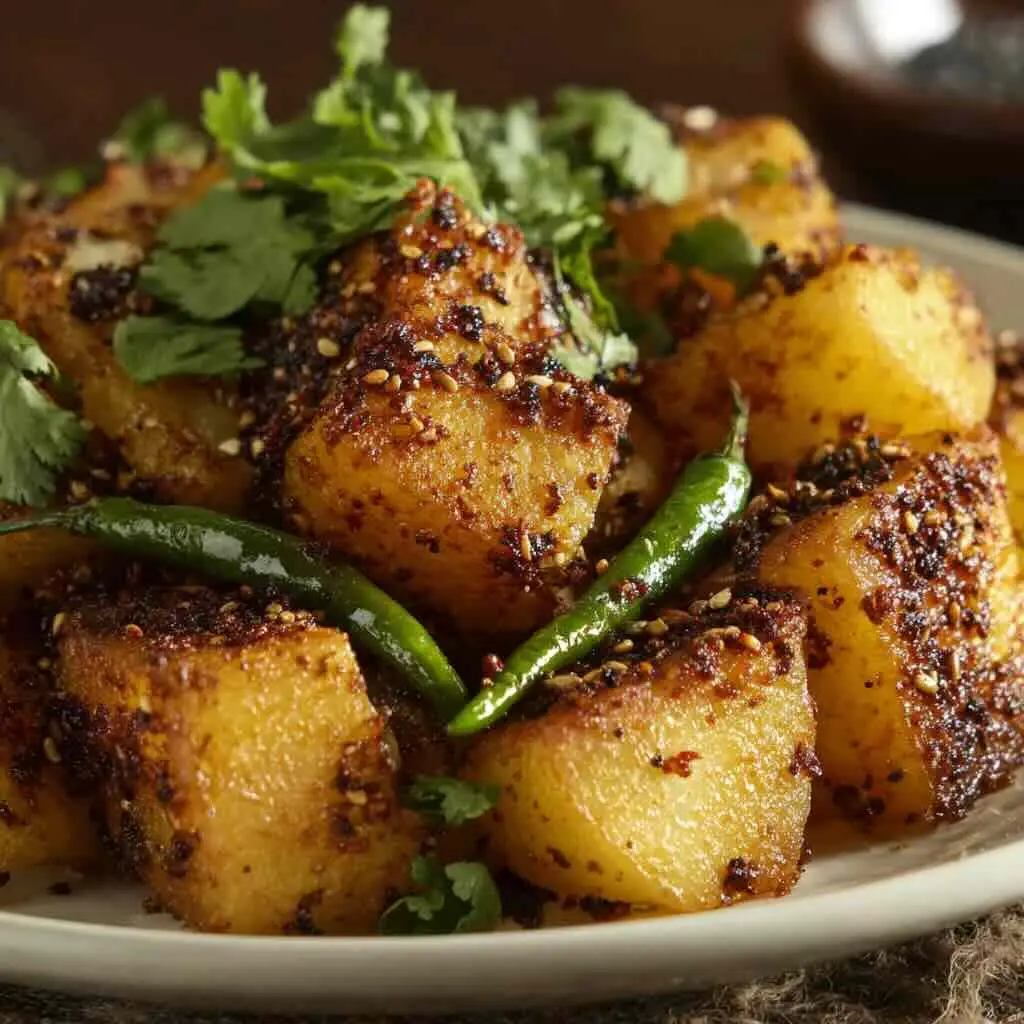 Crispy spicy roasted potatoes with coriander and chilies
