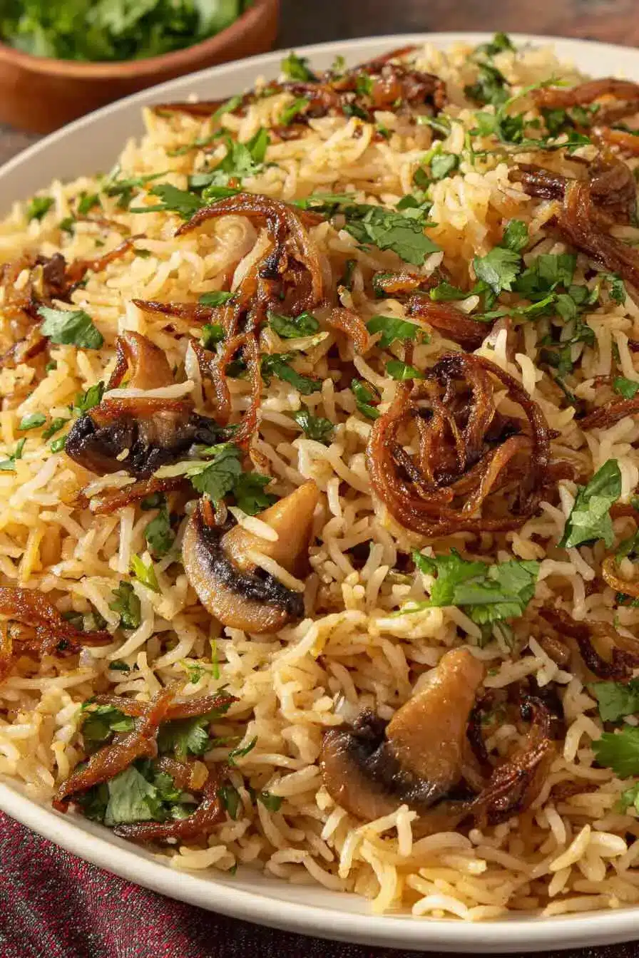 Mushroom biryani with caramelized onions and cilantro