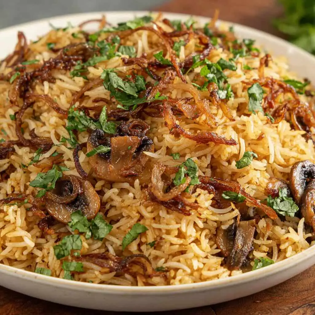 Spiced mushroom biryani with crispy onions and herbs